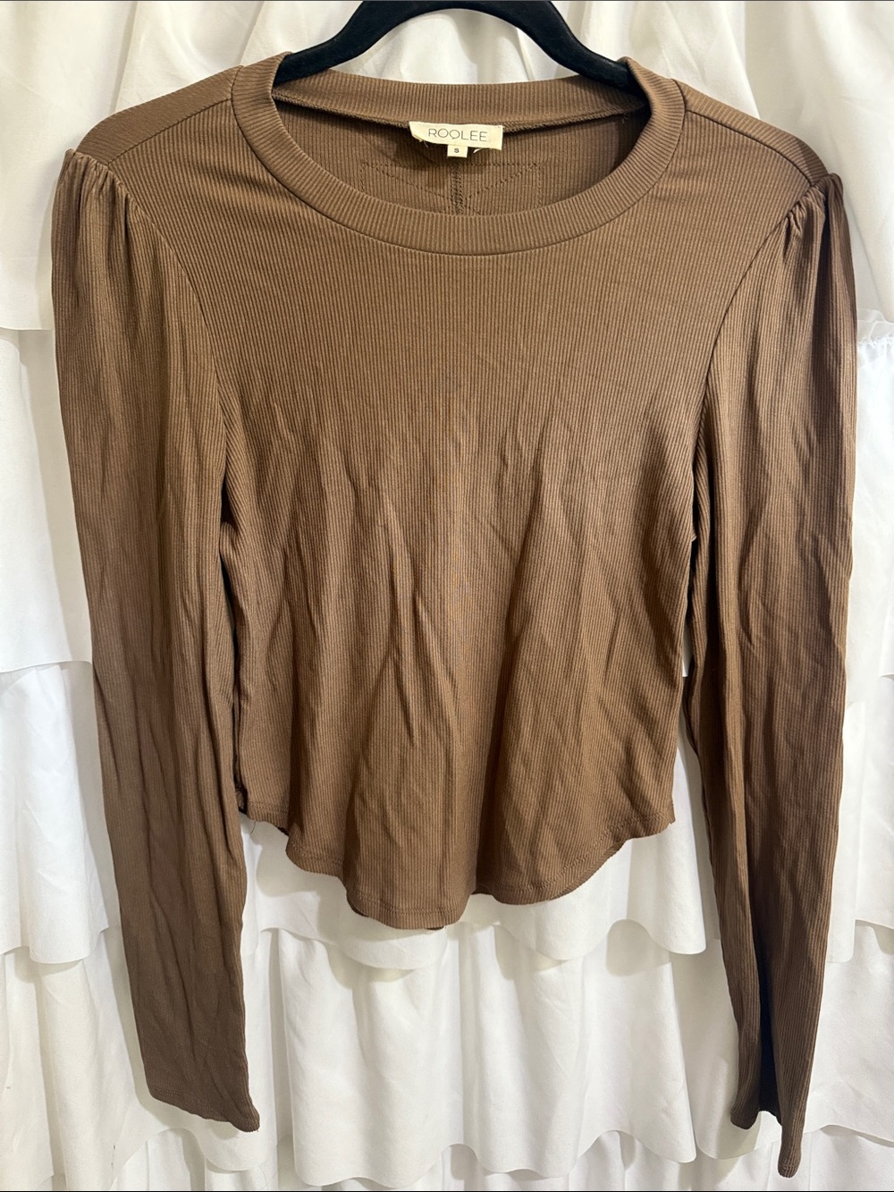 Roolee Brown Ribbed Long Sleeve Top with Subtle Puff Shoulders
